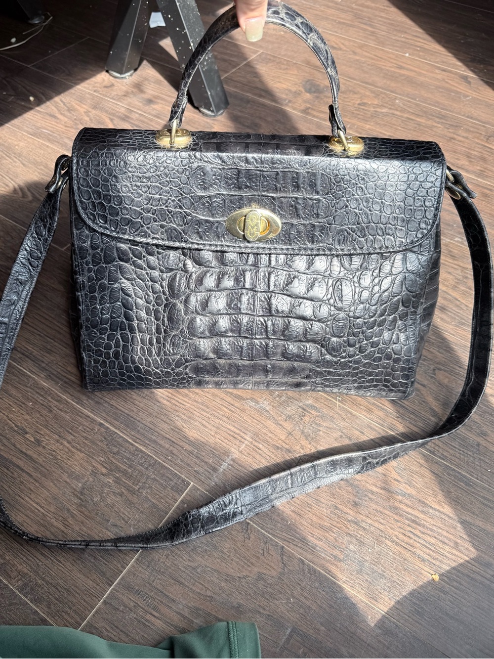 Vintage Marino Orlandi Black Crocodile-Embossed Leather Top Handle Satchel